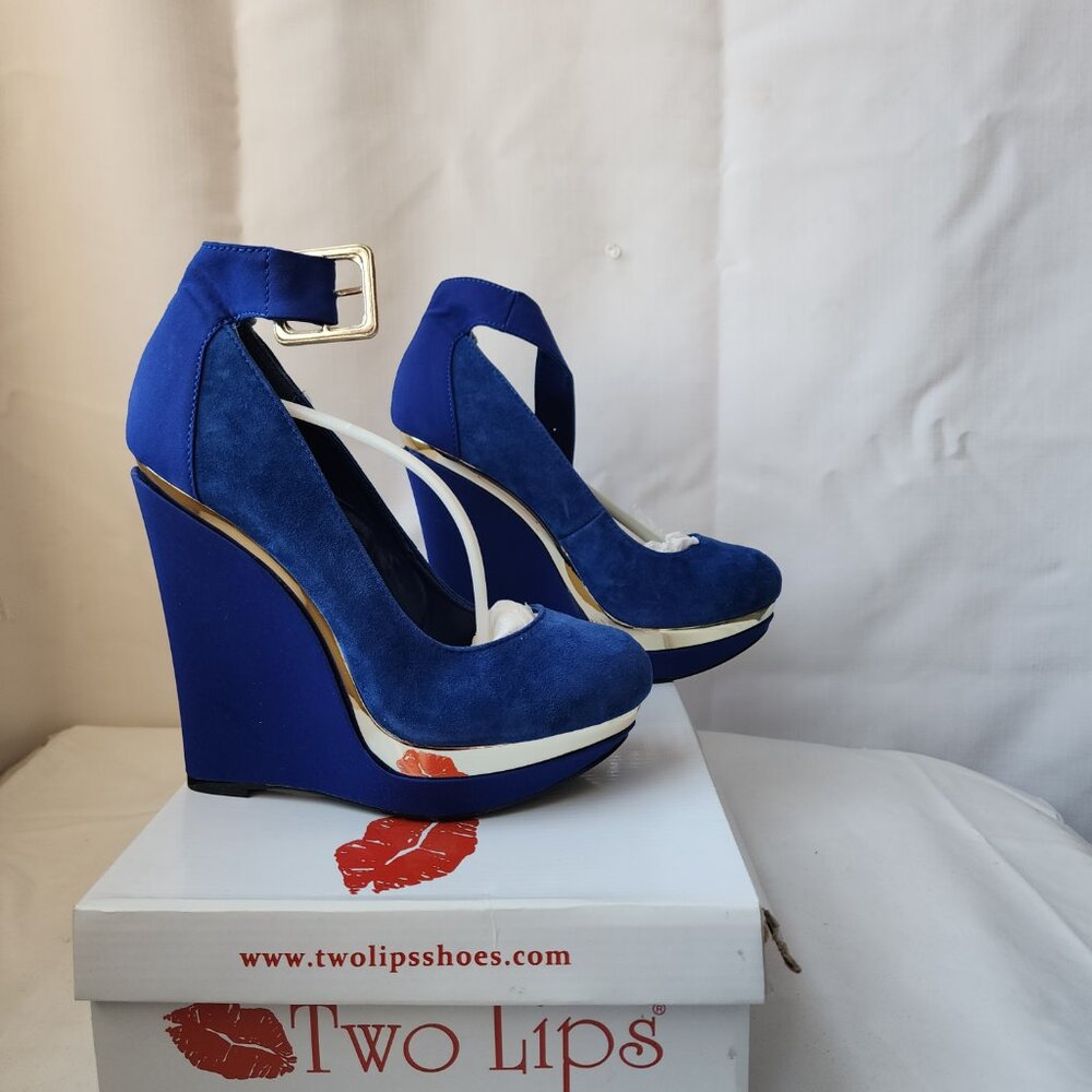 Two Lips Royal Blue/Cobalt Blue Suede Platform Y2K Whimsigoth Wedge Heel B.N 9.